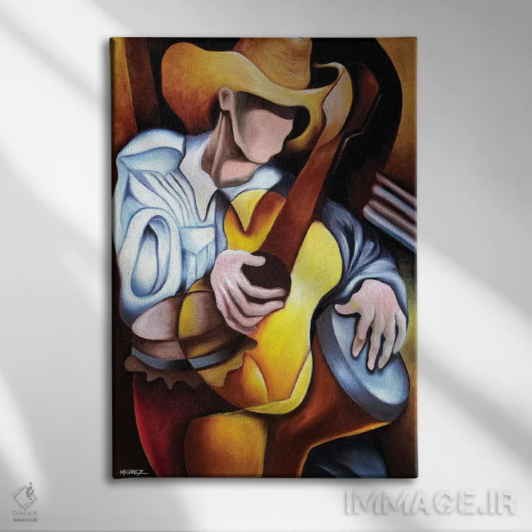 تابلو دکوراتیو آبستره گیتار و طبل اثر دیکسی میگز - نمای روبهرو روی دیوار