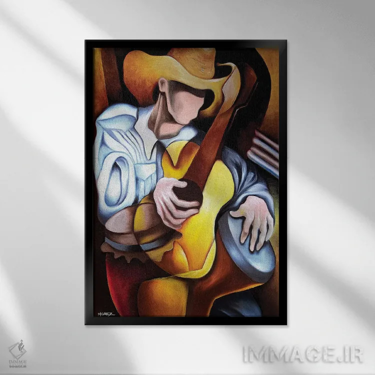 تابلو دکوراتیو آبستره گیتار و طبل اثر دیکسی میگز - نمای قابدار مشکی