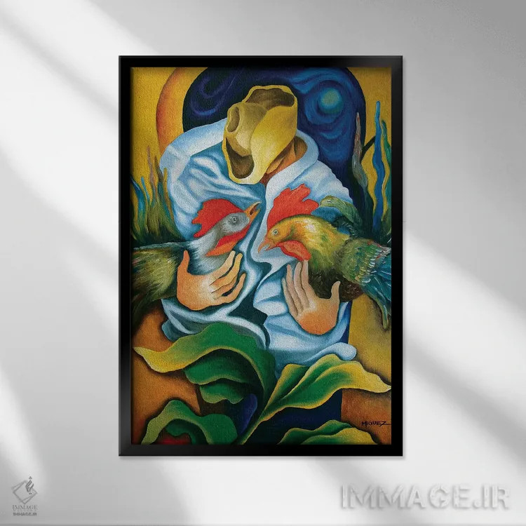 تابلو دکوراتیو گواخیرو با خروس ها اثر دیکسی میگز - نمای قابدار مشکی