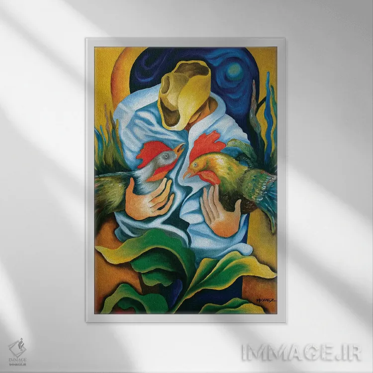 تابلو دکوراتیو گواخیرو با خروس ها اثر دیکسی میگز - نمای قابدار سفید