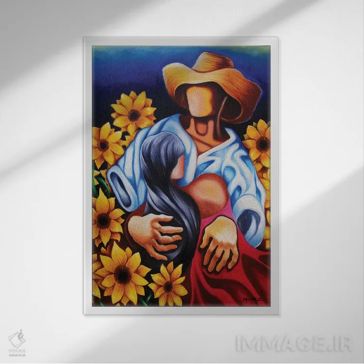 تابلو دکوراتیو عشق در میان گل های آفتابگردان اثر دیکسی میگز - نمای قابدار سفید