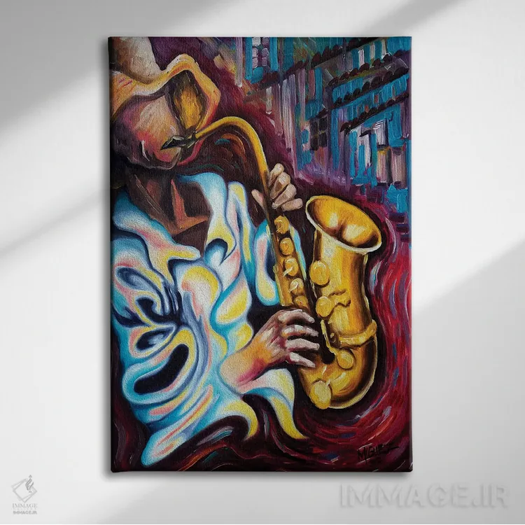 تابلو دکوراتیو نوازنده ساکسیفون اثر دیکسی میگز - نمای روبهرو روی دیوار