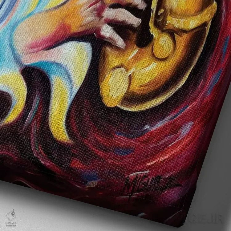 تابلو دکوراتیو نوازنده ساکسیفون اثر دیکسی میگز - نمای نزدیک بافت بوم