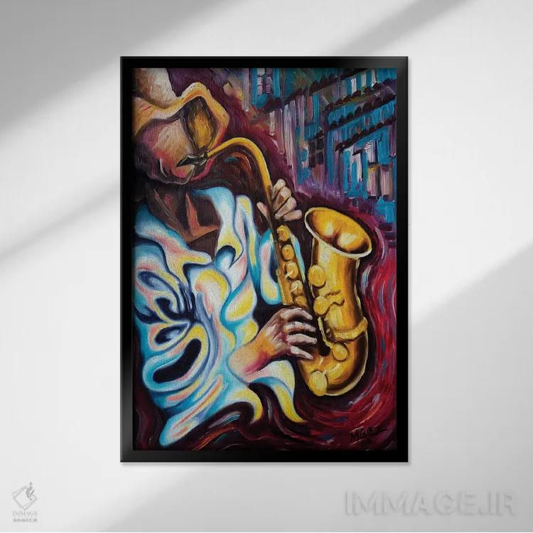 تابلو دکوراتیو نوازنده ساکسیفون اثر دیکسی میگز - نمای قابدار مشکی