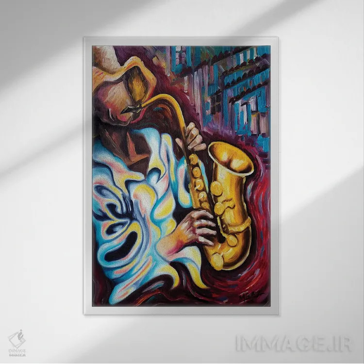 تابلو دکوراتیو نوازنده ساکسیفون اثر دیکسی میگز - نمای قابدار سفید