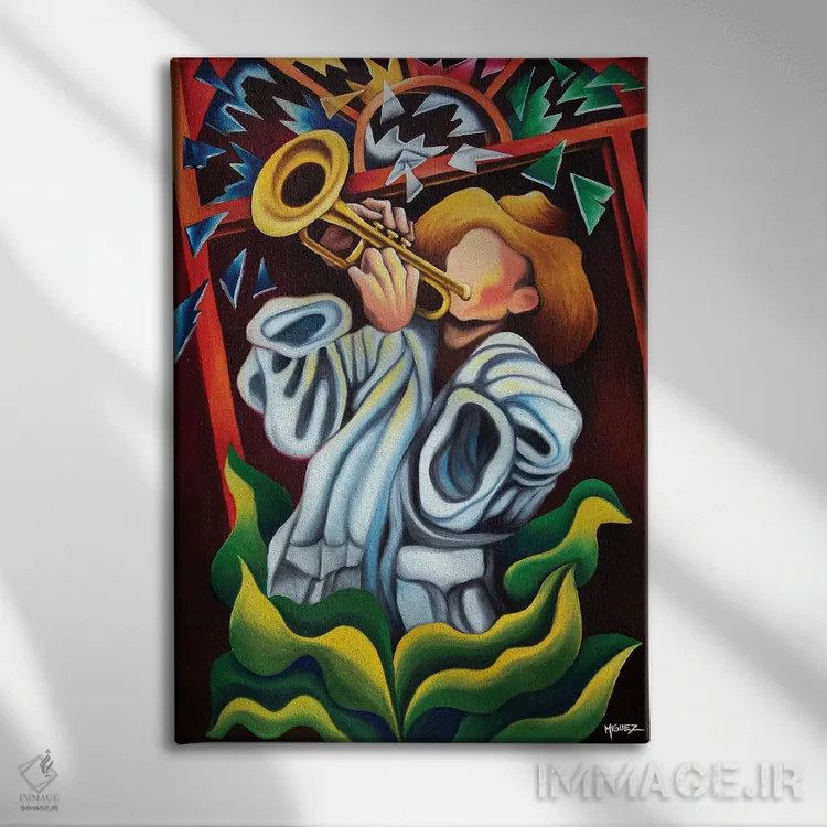 تابلو دکوراتیو ترومپت در میان گیاهان اثر دیکسی میگز - نمای روبهرو روی دیوار