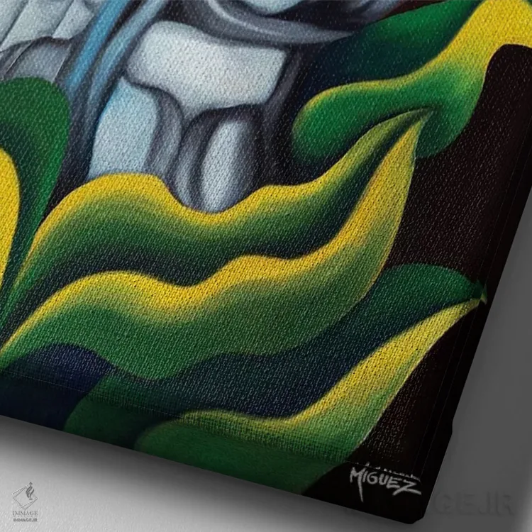 تابلو دکوراتیو ترومپت در میان گیاهان اثر دیکسی میگز - نمای نزدیک بافت بوم