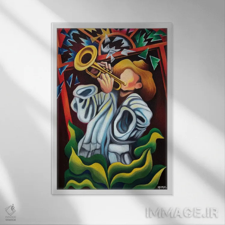 تابلو دکوراتیو ترومپت در میان گیاهان اثر دیکسی میگز - نمای قابدار سفید