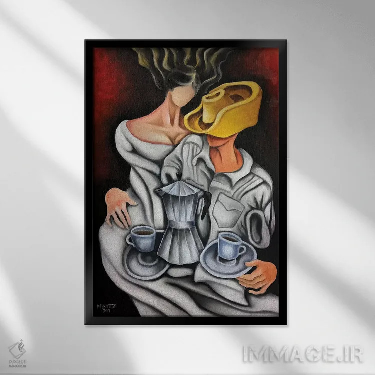 تابلو دکوراتیو قهوه و قهوه ساز اثر دیکسی میگز - نمای قابدار مشکی