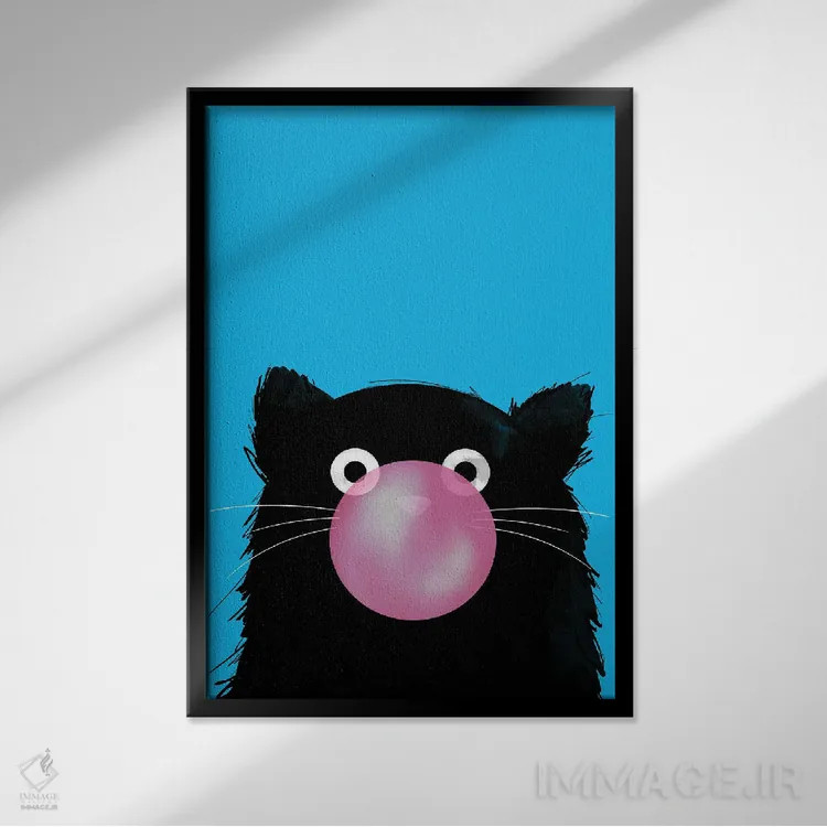 تابلو دکوراتیو گربه حباب شونده با آدامس اثر دوزال - نمای قابدار مشکی