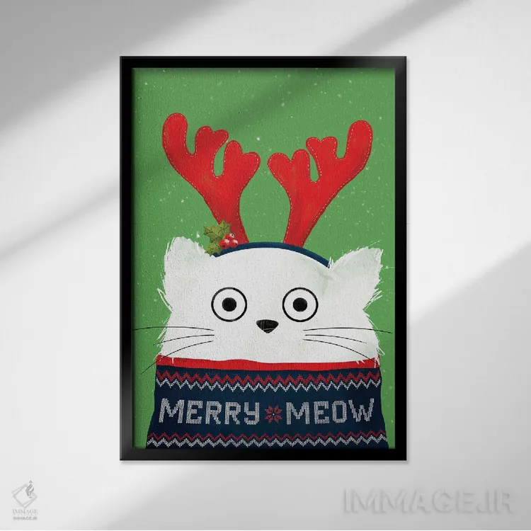 تابلو دکوراتیو گربه گوزن کریسمس اثر دوزال - نمای قابدار مشکی