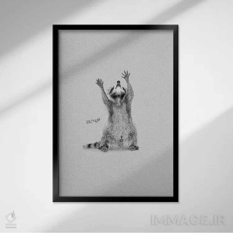 تابلو دکوراتیو راکون هللویا شادی اثر دوزال - نمای قابدار مشکی