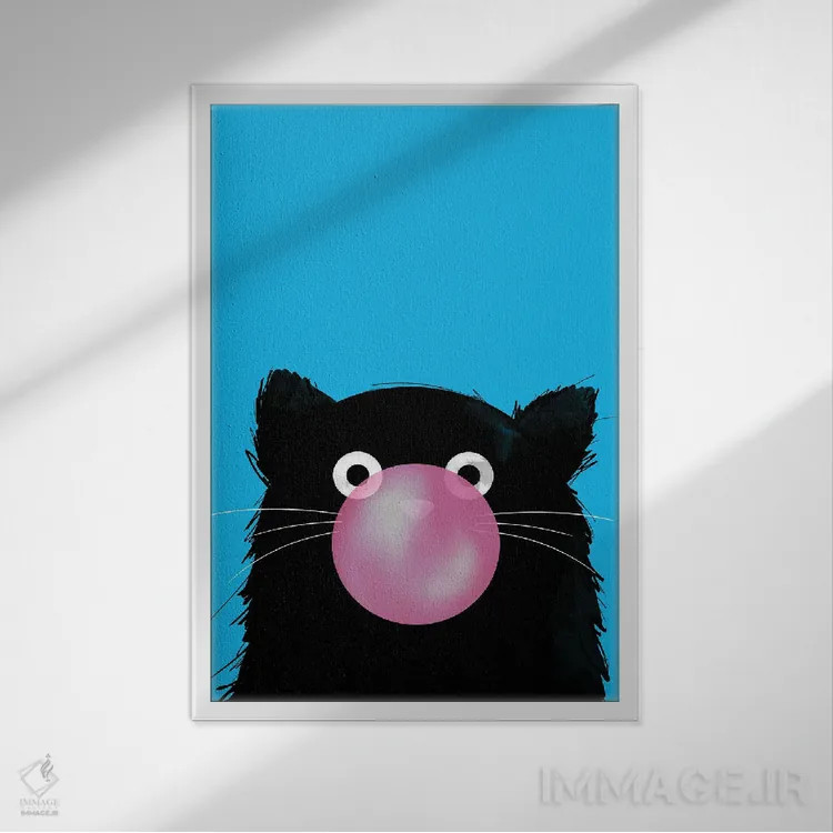 تابلو دکوراتیو گربه حباب شونده با آدامس اثر دوزال - نمای قابدار سفید