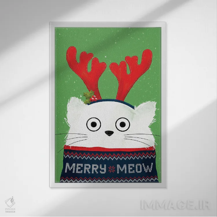 تابلو دکوراتیو گربه گوزن کریسمس اثر دوزال - نمای قابدار سفید