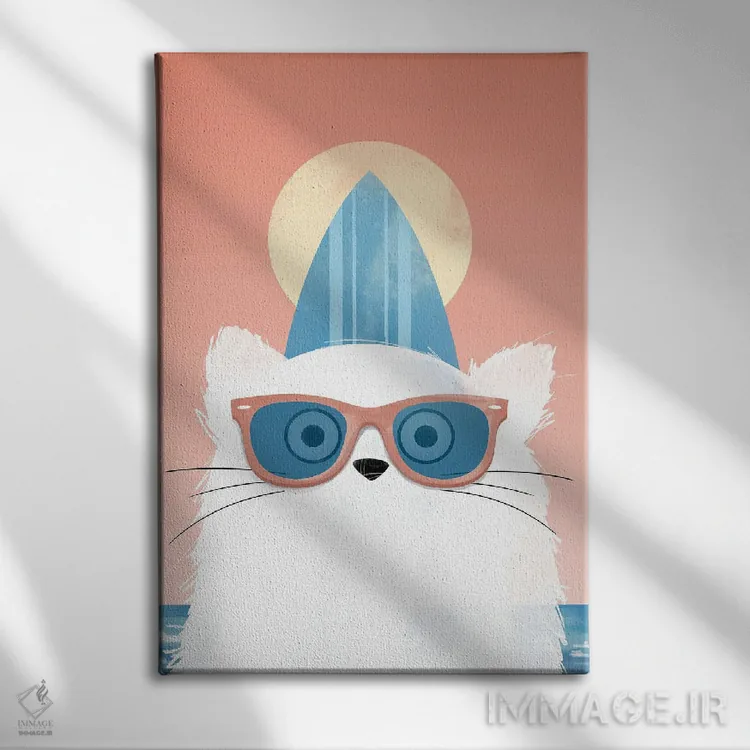 تابلو دکوراتیو گربه ساحل نشین موج سوار اثر دوزال - نمای روبهرو روی دیوار