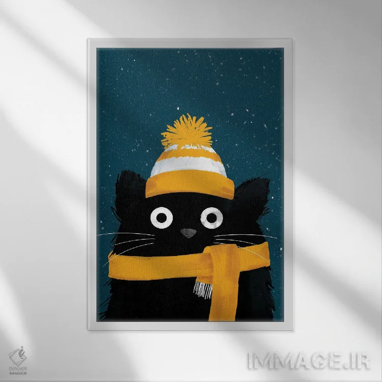 تابلو دکوراتیو گربه روز برفی زمستان اثر دوزال - نمای قابدار سفید