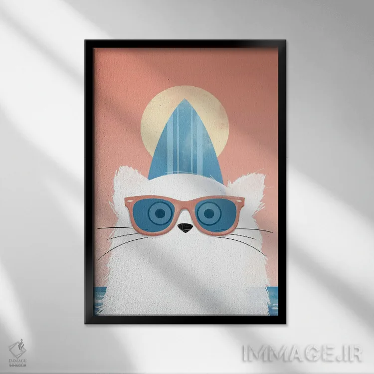 تابلو دکوراتیو گربه ساحل نشین موج سوار اثر دوزال - نمای قابدار مشکی