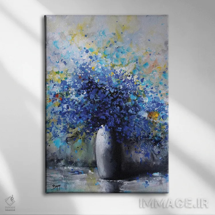 تابلو مدرن گل های آبی اثر اریک برونی - نمای روبهرو روی دیوار