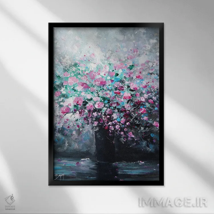 تابلو مدرن رزهای گلدان سیاه اثر اریک برونی - نمای قابدار مشکی