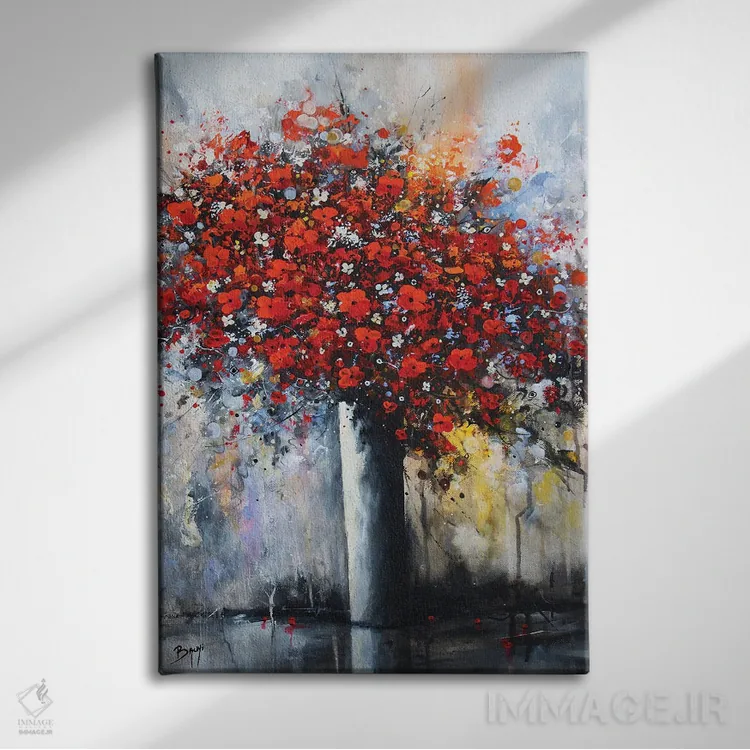 تابلو مدرن دسته گل گل های قرمز اثر اریک برونی - نمای روبهرو روی دیوار