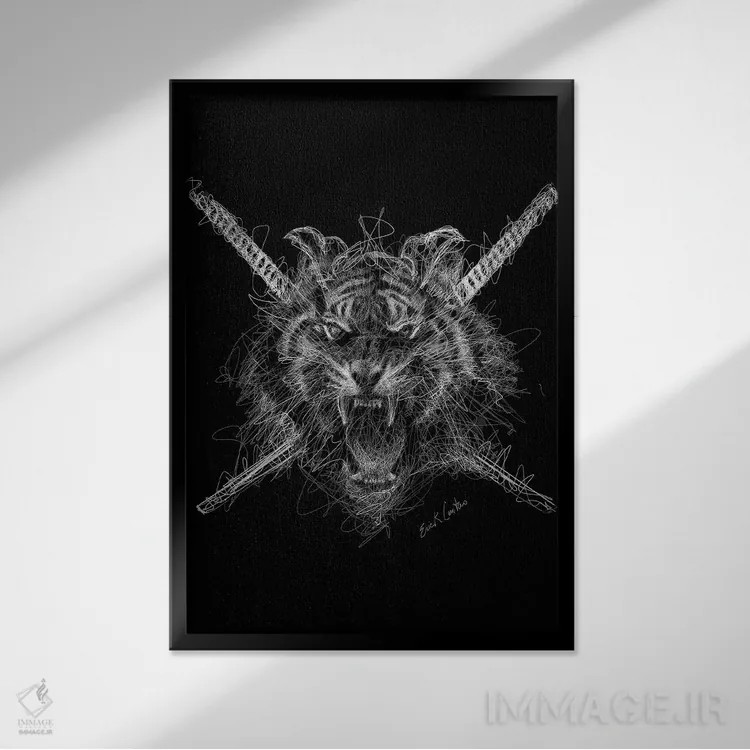 تابلو دکوراتیو ببر سامورایی اثر ریک سنتنو - نمای قابدار مشکی