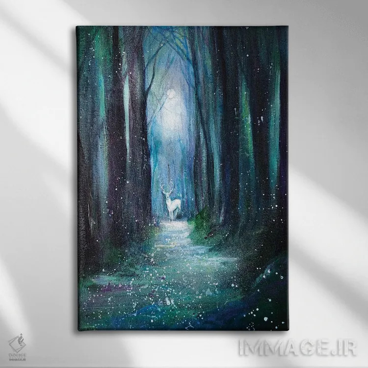 تابلو دکوراتیو جنگل سبز و آبی اثر اما کاترین دبس - نمای روبهرو روی دیوار