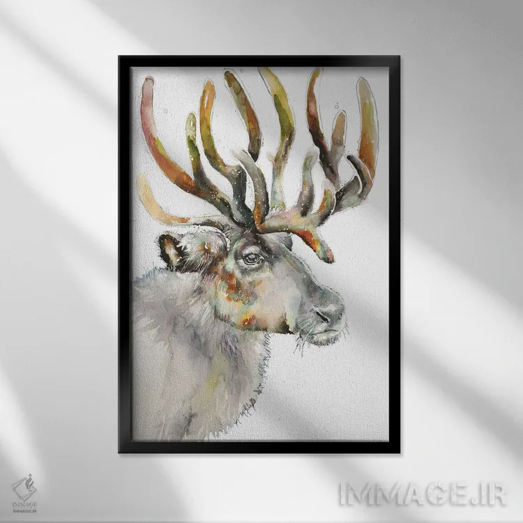 تابلو دکوراتیو گوزن شمالی روی زمینه سفید اثر اما کاترین دبس - نمای قابدار مشکی