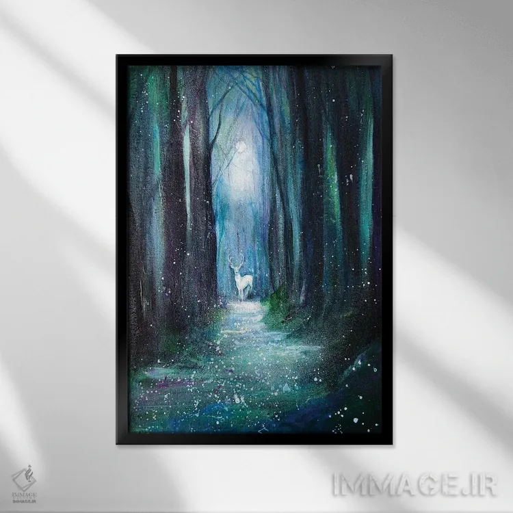 تابلو دکوراتیو جنگل سبز و آبی اثر اما کاترین دبس - نمای قابدار مشکی