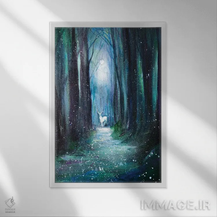 تابلو دکوراتیو جنگل سبز و آبی اثر اما کاترین دبس - نمای قابدار سفید