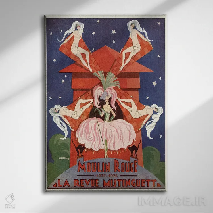 تابلو دکوراتیو آگهی تبلیغاتی مولن روژ: نمایش میستنگت، ۱۹۲۶ اثر ادوارد هالوز - نمای روبهرو روی دیوار