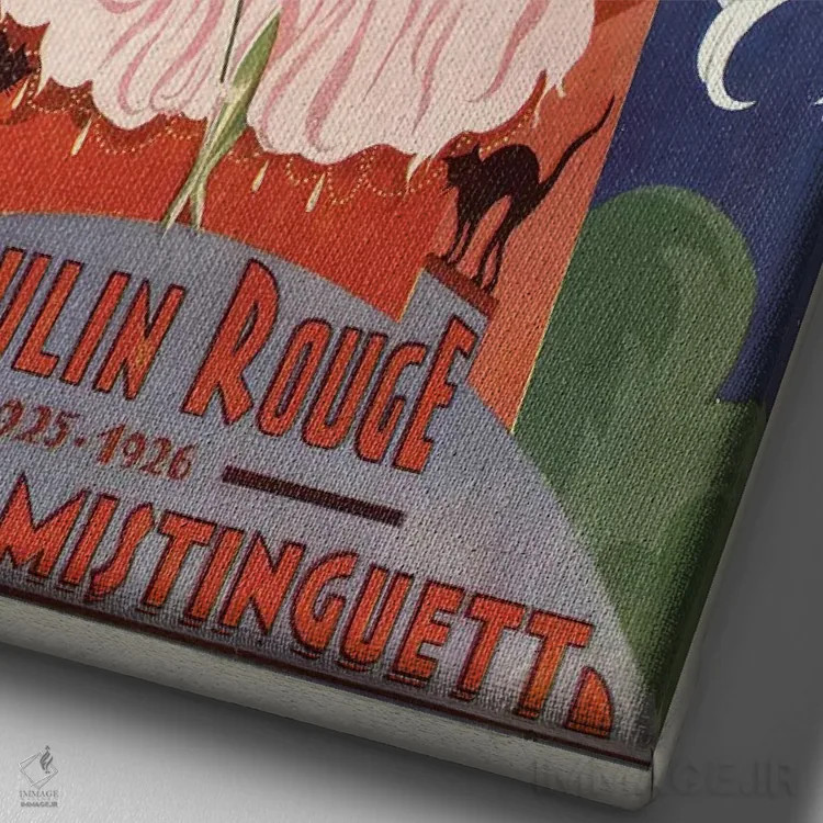 تابلو دکوراتیو آگهی تبلیغاتی مولن روژ: نمایش میستنگت، ۱۹۲۶ اثر ادوارد هالوز - نمای نزدیک بافت بوم