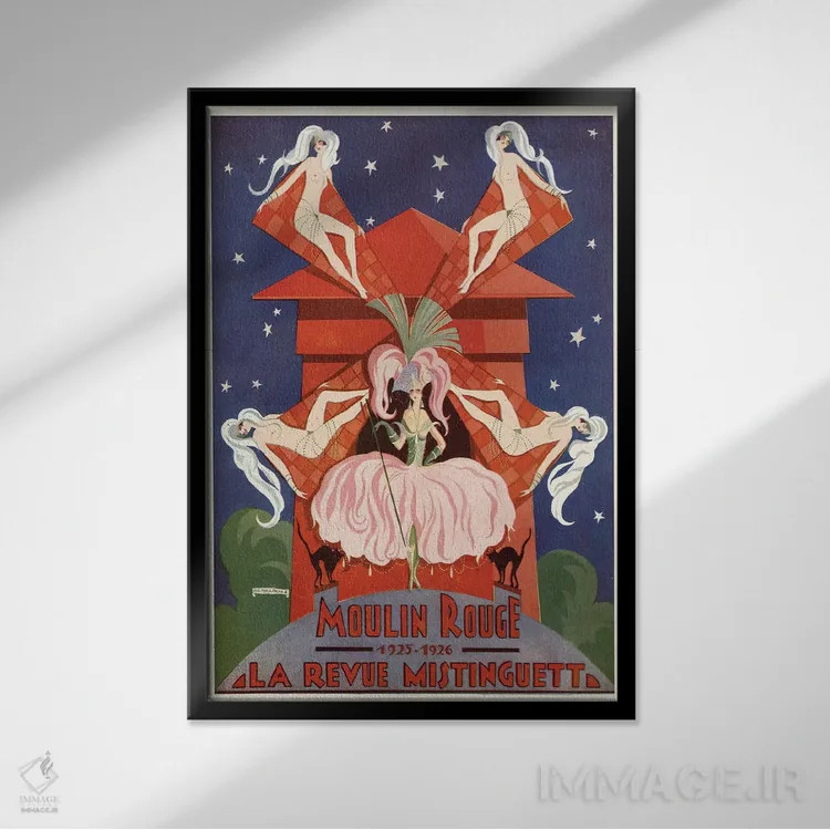 تابلو دکوراتیو آگهی تبلیغاتی مولن روژ: نمایش میستنگت، ۱۹۲۶ اثر ادوارد هالوز - نمای قابدار مشکی