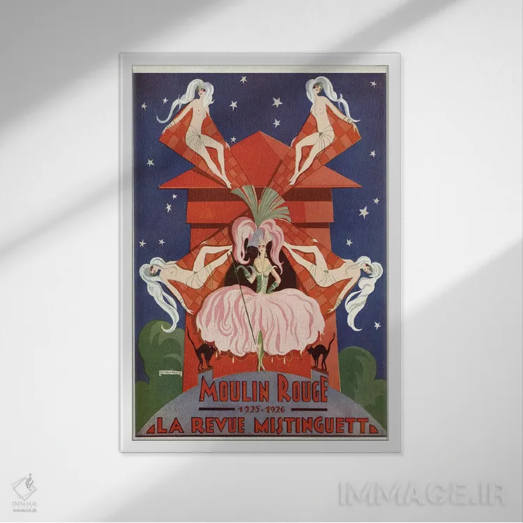 تابلو دکوراتیو آگهی تبلیغاتی مولن روژ: نمایش میستنگت، ۱۹۲۶ اثر ادوارد هالوز - نمای قابدار سفید