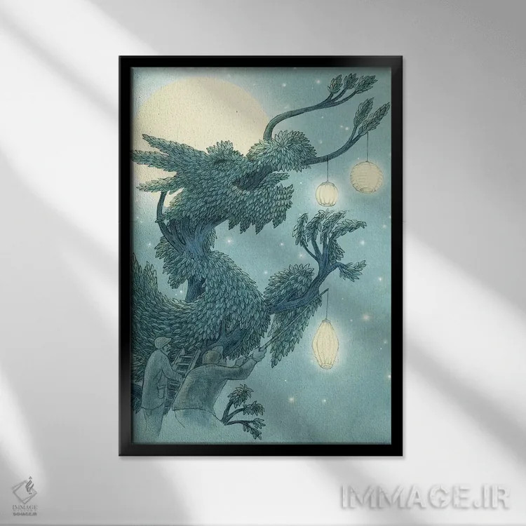 تابلو دکوراتیو چیدمان درخت اژدها در شب اثر اریک فن - نمای قابدار مشکی