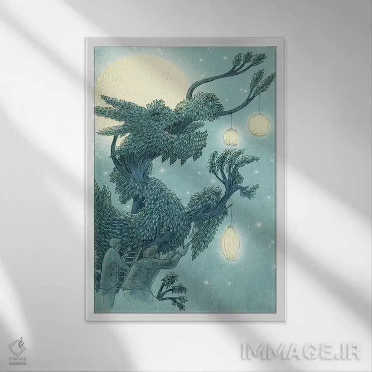 تابلو دکوراتیو چیدمان درخت اژدها در شب اثر اریک فن - نمای قابدار سفید