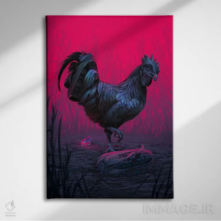 تابلو دکوراتیو خروس و سنگ قیمتی اثر اران فاولر - نمای روبهرو روی دیوار