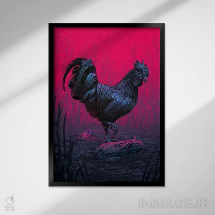 تابلو دکوراتیو خروس و سنگ قیمتی اثر اران فاولر - نمای قابدار مشکی