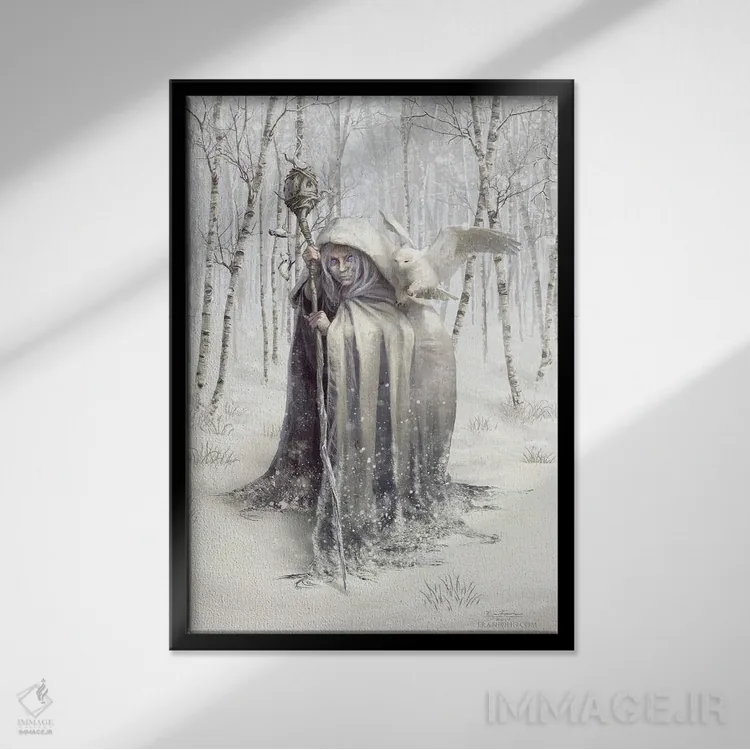 تابلو دکوراتیو جادوگر جنگل سفید اثر اران فاولر - نمای قابدار مشکی