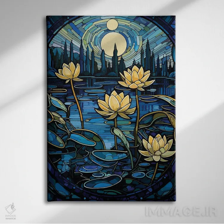 تابلو دکوراتیو نیلوفرهای آبی اثر امی فاکس دیزاینز - نمای روبهرو روی دیوار