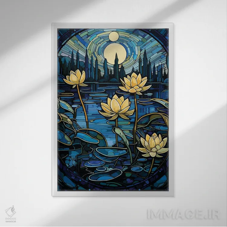 تابلو دکوراتیو نیلوفرهای آبی اثر امی فاکس دیزاینز - نمای قابدار سفید