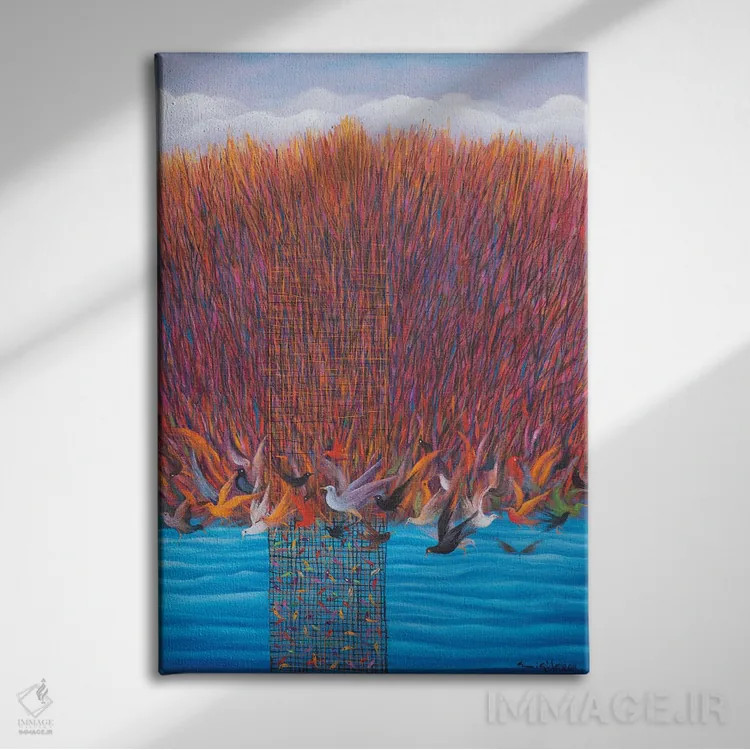 تابلو دکوراتیو یکی با پرندگان می آید اثر امین گولر - نمای روبهرو روی دیوار