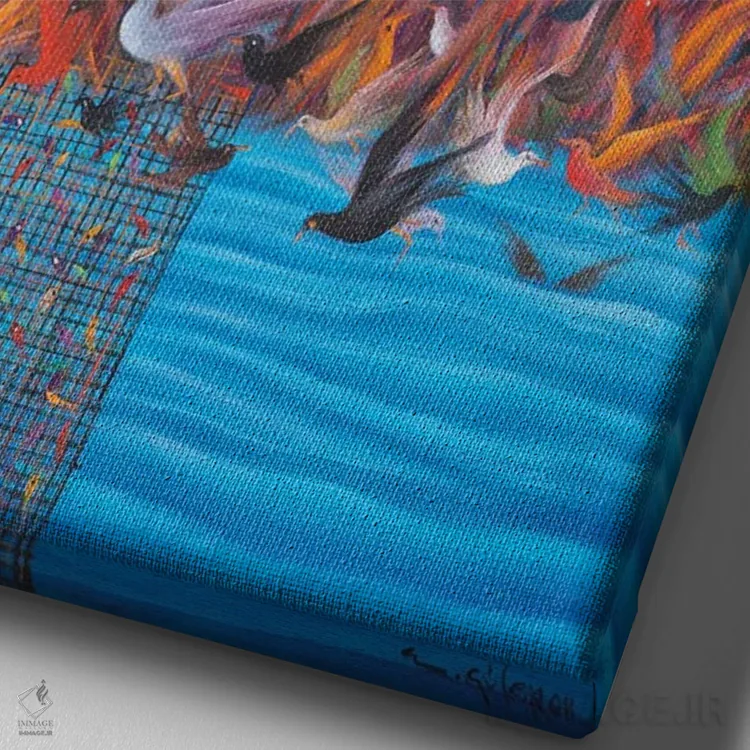 تابلو دکوراتیو یکی با پرندگان می آید اثر امین گولر - نمای نزدیک بافت بوم