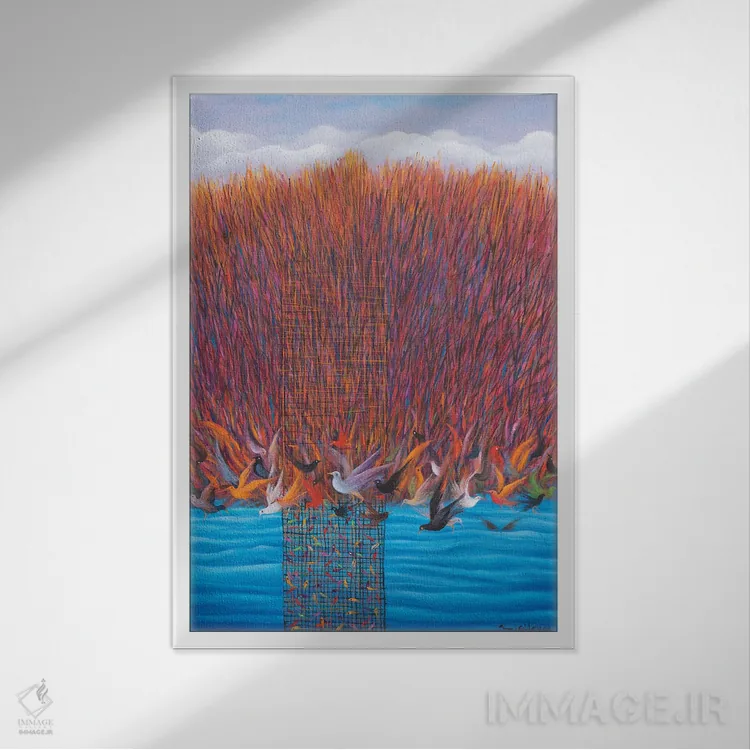 تابلو دکوراتیو یکی با پرندگان می آید اثر امین گولر - نمای قابدار سفید