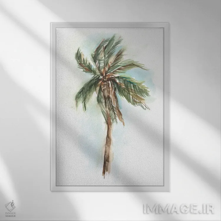 تابلو مینیمال مطالعه نخل با آبرنگ اثر اتان هارپر - نمای قابدار سفید
