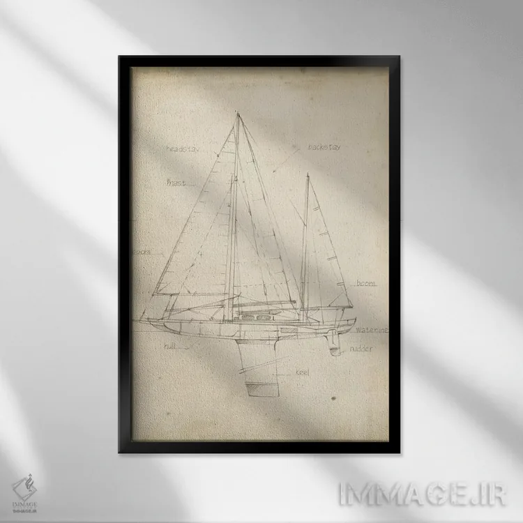 تابلو دکوراتیو نقشه فنی قایق بادبانی اثر اتان هارپر - نمای قابدار مشکی
