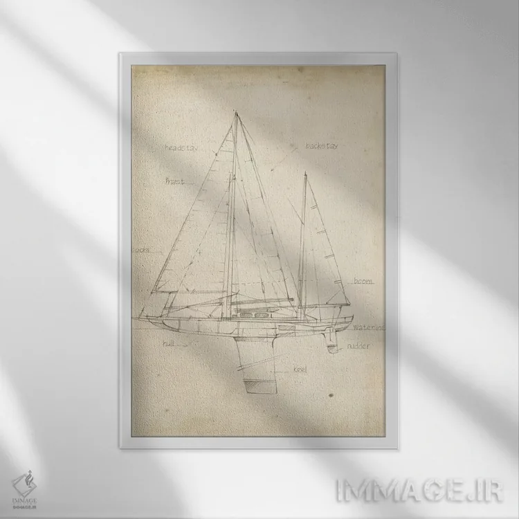تابلو دکوراتیو نقشه فنی قایق بادبانی اثر اتان هارپر - نمای قابدار سفید