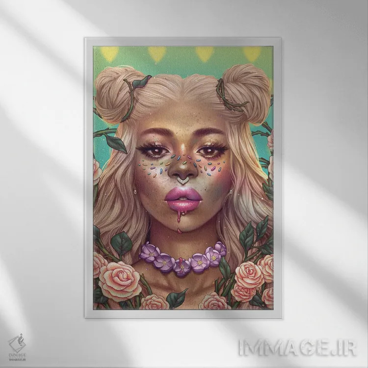 تابلو دکوراتیو بوسه تمشک اثر اجیوا ابنبه - نمای قابدار سفید