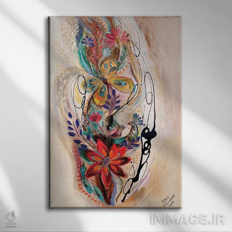 تابلو انتزاعی پاشیدن زندگی X اثر النا کوتلیارکر - نمای روبهرو روی دیوار