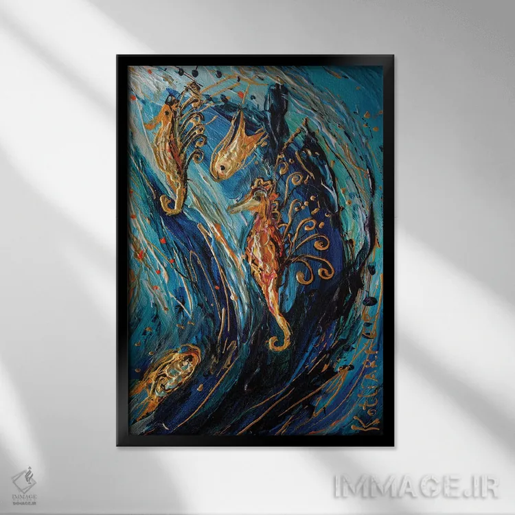 تابلو دکوراتیو سری توتم دوم: اسب های دریایی اثر النا کوتلیارکر - نمای قابدار مشکی