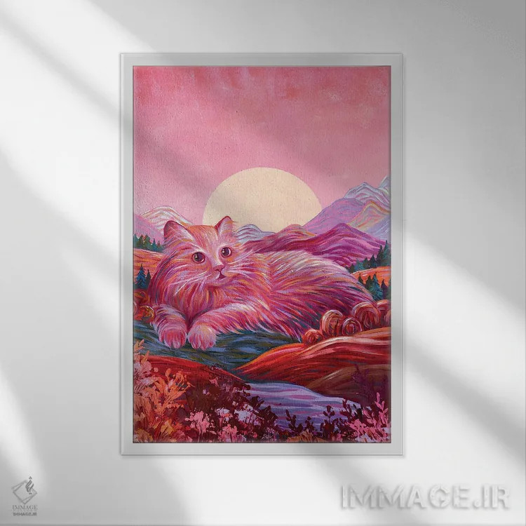 تابلو دکوراتیو گربه در میان تپه ها اثر اکاترینا پریسیچ - نمای قابدار سفید